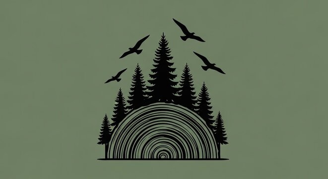 Minimalist silhouette of pine trees over circular wood grain.