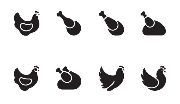 Collection of chicken meat icons including drumsticks and whole roasted poultry for shops.