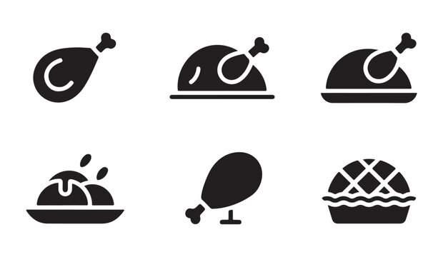 Set of black food icons depicting roasted chicken drumsticks and delicious baked fruit pie.