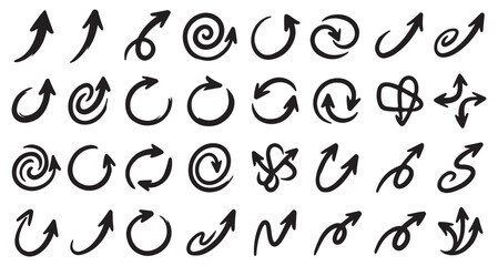 Obraz premium Set of hand drawn arrow icons and circular signs in black marker style