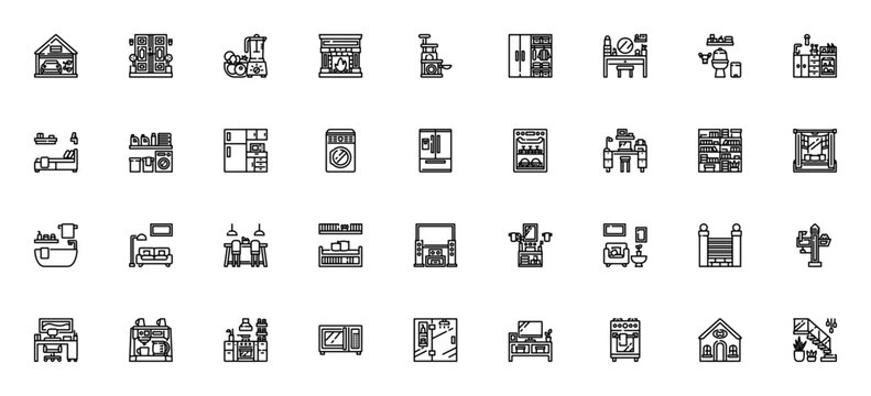 Home and Living icon set. Minimalist home icons pack. Featuring garage, door, kitchen, bathroom, bedroom, living room, washing machine, fridge, microwave, television, stove and more.