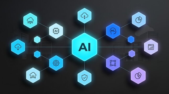 AI and Machine Learning network visualization with connected cloud, data, security, and processing icons, representing modern technology integration and data analysis.