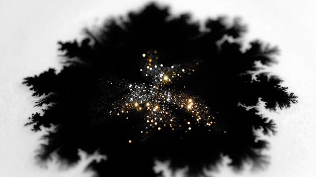 Ink blot spreads on white surface with sparkle effect during creative process