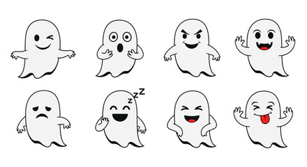 Fototapeta premium Cute cartoon ghost character set with various facial expressions and emotions for Halloween design