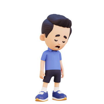 3D people Little Boy standing tired fatigue after activity