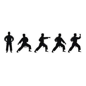 Karate martial arts kata sequence silhouette vector icon set showing movement steps
