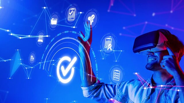 A person experiences virtual reality with interactive graphics, showcasing the fusion of technology and user experience in modern digital environments. Raster