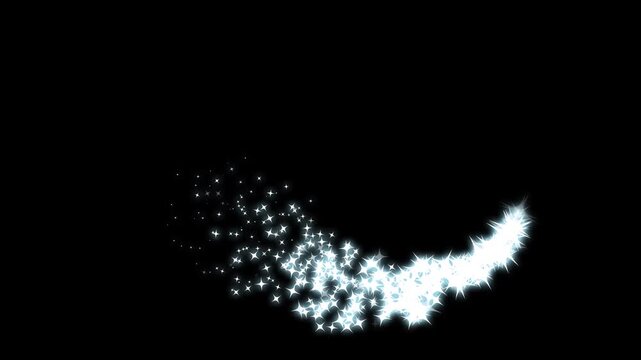 Sparkling twinkle star trail burst, glowing fairy star dust ribbon, white glitter doodle stars, radiant particle curved stream, enchanting light star trail burst animation overlay on black screen.4K