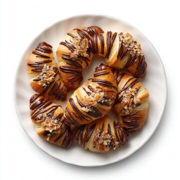 almond crescent pastries with chocolate tips isolated on a white background