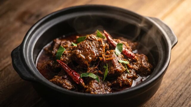 Hot beef rendang stew in black clay pot with chili and curry leaf on rustic wooden table