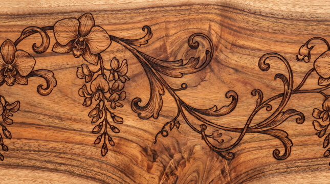 Ornate Floral Scrollwork Wood Burning Pyrography Pattern on Natural Wood Grain
