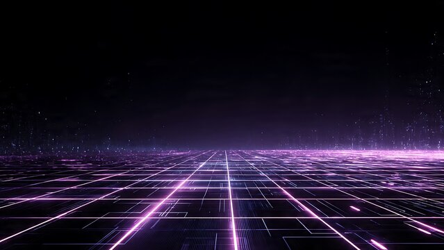 Futuristic data matrix grid background with purple neon glowing rows on dark technical surface