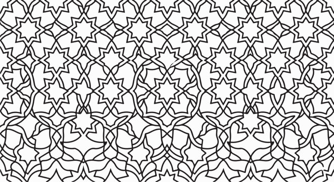 Black and white geometric seamless pattern with traditional islamic star shapes and intricate line art design