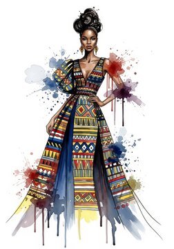 African American woman in traditional dress with colorful geometric patterns. Fashion illustration of elegant model on watercolor splash background. Cultural heritage and beauty concept.