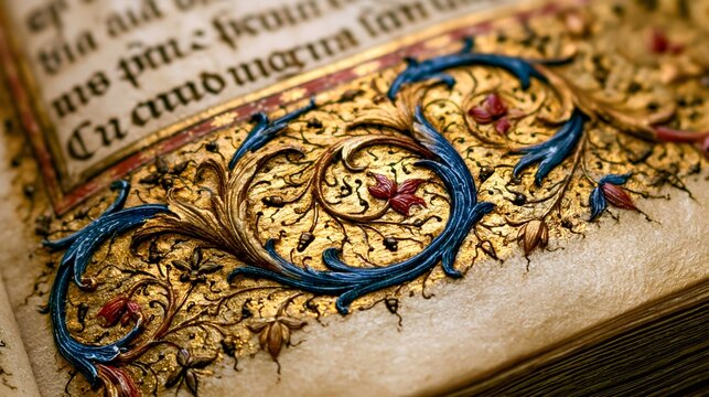 Illuminated Manuscript Gothic Script Gold Leaf Border Medieval Sacred Text Macro Museum Light