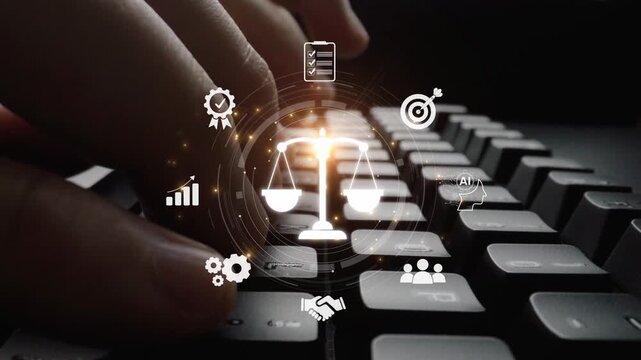 Futuristic digital law interface displaying justice scale, highlighting digital law, AI compliance, digital law systems, and digital law regulations for secure governance. Muxer