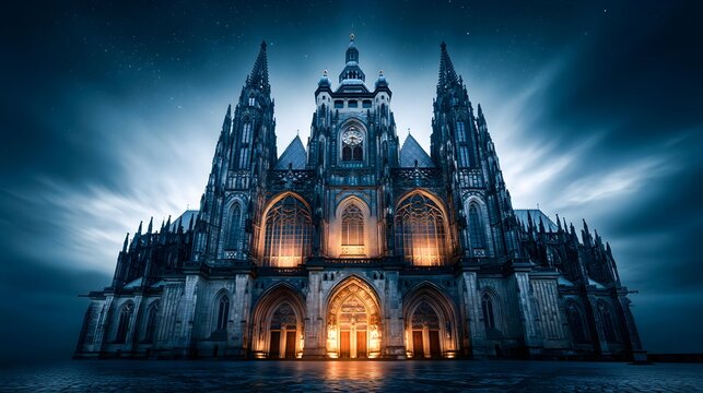 Gothic Cathedral Stone Facade at Blue Hour Floodlit Gargoyles Flying Buttresses Night