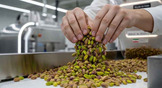 Man worker holding handful of raw pistachios on automated production conveyor belt. Food factory quality control process of nut sorting. Industrial agriculture and organic snack processing.