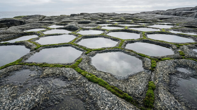 Coastal rock formations with hexagonal tide pools