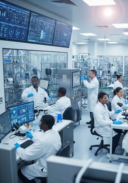 Scientists working in modern pharmaceutical laboratory. Group of man and woman researchers in white coat using microscope and computer for drug development. Bioengineering technology.