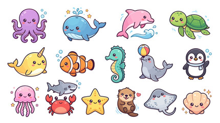 Colorful cartoon sea creatures smiling faces. © yeandita