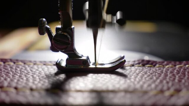 Professional sewing machine needle stitching brown leather strap in a workshop