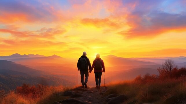 Senior Couple Hiking Through Mountains at Sunset