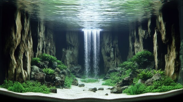 Serene Underwater Waterfall Aquascape