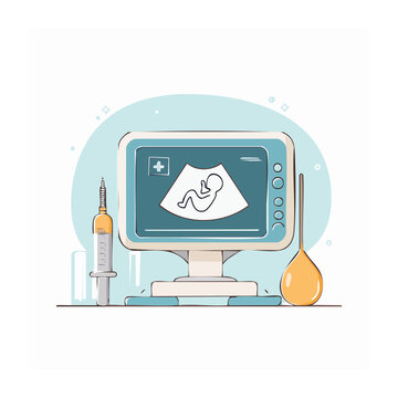 Flat design ultrasound machine showing fetus with syringe and medical