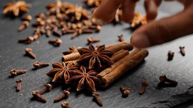 Close-up of hand arranging star anise and cinnamon sticks with cloves.