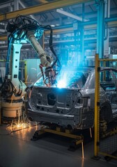 Fototapeta premium Robotic welding arm constructing automobile body in factory. Automated robotic assembly line for industrial car manufacturing. Modern technology for high precision automotive production process.