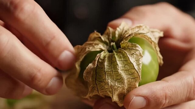 Close-up of Hands Holding a Fresh Physalis Fruit with Husk Intact.