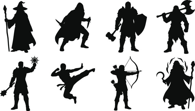 Fantasy RPG Character Silhouette Set with Warrior Mage Archer and Rogue