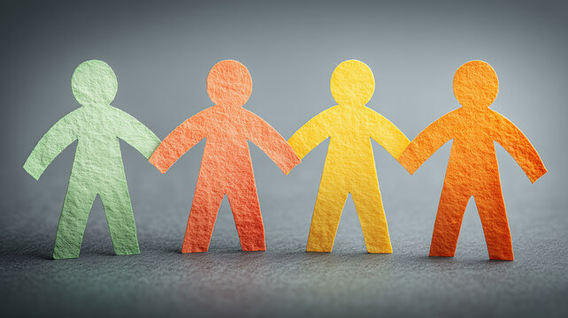 Paper people holding hands in a connected row, representing teamwork, community support, social unity, cooperation, and human connection.
