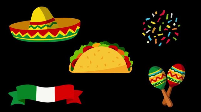 2D Animated Mexican Fiesta Collection with Sombrero Taco Maracas and Confetti for Celebration