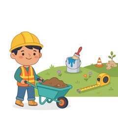 A cute cartoon illustration of a young boy dressed as a construction worker, pushing a wheelbarrow filled with soil in a grassy field with tools. © Aqil Art