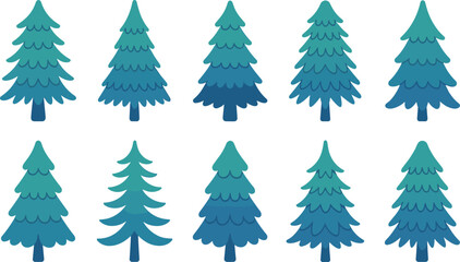 Obraz premium Flat Vector Green and Blue Pine Tree Collection with Conifer and Fir Silhouettes for Winter, Christmas, and Nature Landscape Graphic Designs