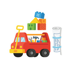 This colorful vector illustration features a red toy truck carrying tools, accompanied by building blocks and a rolled-up blueprint. © Aqil Art
