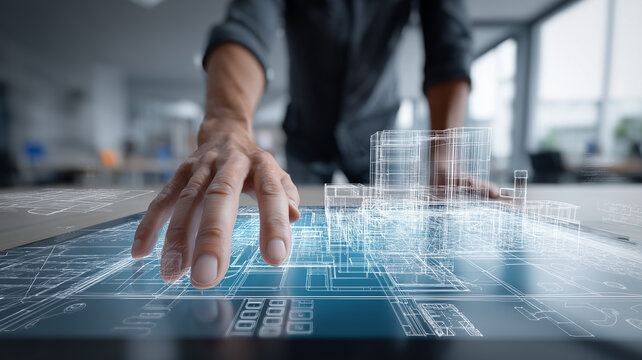 Hand controlling a holographic building model on a digital blueprint, representing architectural planning, smart construction, design innovation, and engineering technology.
