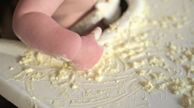 Baby's hand engages with a creamy substance on a high chair tray, leaving distinct patterns as it moves, highlighting the joyful exploration of food in a warm indoor setting