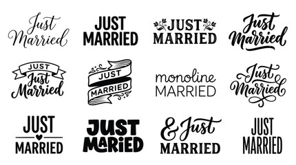 Obraz premium Various Just Married typography designs on white background