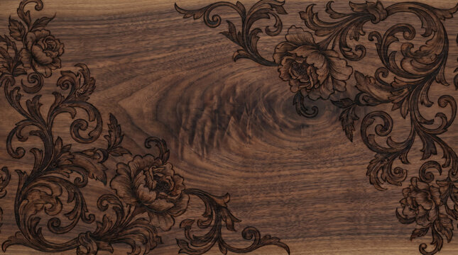 Ornate Rose Floral Wood Burning Pyrography Frame on Dark Wood Texture