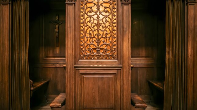 Interior Dark Catholic Confessional Box Carved Grill Warm Light Reconciliation Solitude