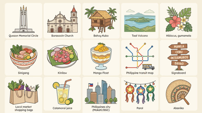 Collection of Philippine Landmarks, Food, and Cultural Icons in a Flat Design Style.