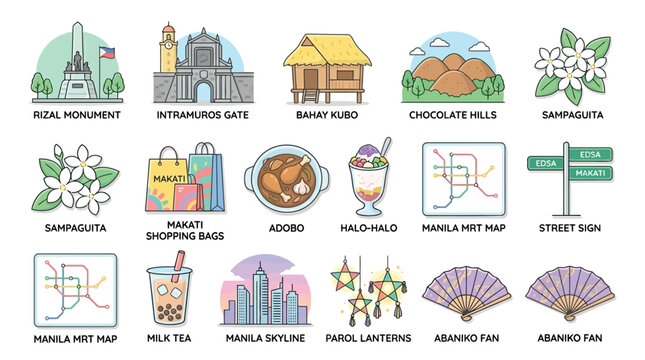 Collection of Philippine Landmarks and Cultural Icons in a Flat Design Style.