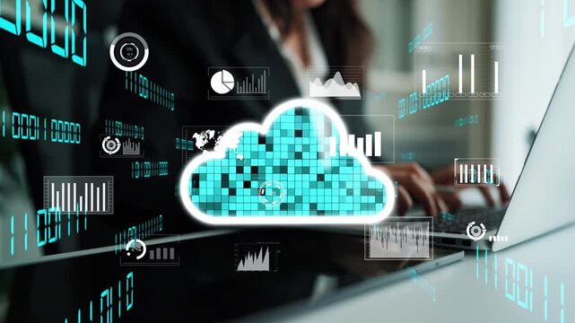 Digital cloud computing visualization with data analysis elements and business charts. Perfect for illustrating technology, innovation, and data-driven decision-making. Xenic