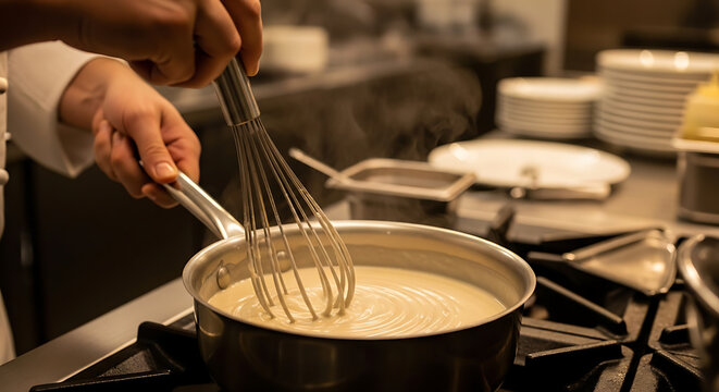Chef whisking creamy sauce in saucepan on gas stove, kitchen steam, professional cooking