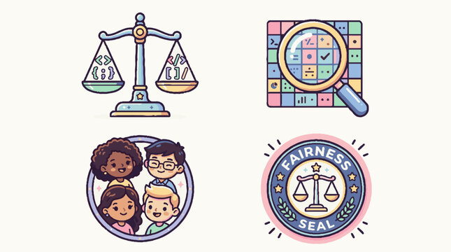 Set of illustrative icons representing fairness equality diversity and justice.