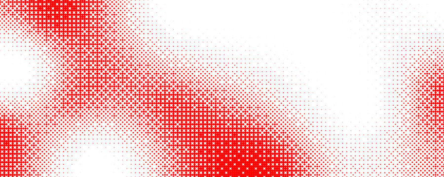 Dotted bitmap pixel texture. Red dither gradient pattern background. 8 bit halftone pop art gradation wallpaper. Vector vanishing raster video arcade game backdrop for banner, poster, cover, overlay