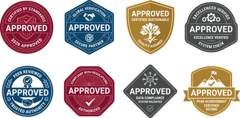 Fototapeta premium Approved Certified Badge Set Collection with Shield Seal Stamp Emblem Authority Verified Quality Assurance Professional Graphic Design Bundle